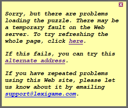 Dreaded yellow box, saying puzzle cannot be loaded, with link to alternate address